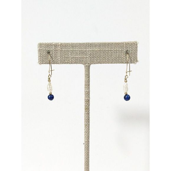 Baroque Pearl Lapis Lazuli Gold Tone Kidney Wire Dangle Earrings Elegant Dainty - Picture 7 of 11